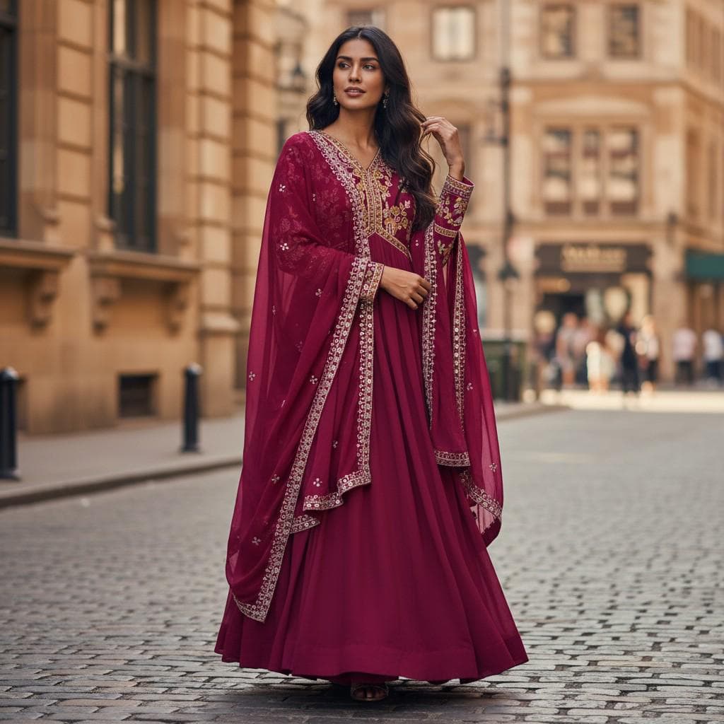 Embroidered Georgette Anarkali Gown: Indian Ethnic Wedding Party Wear Designer Dress