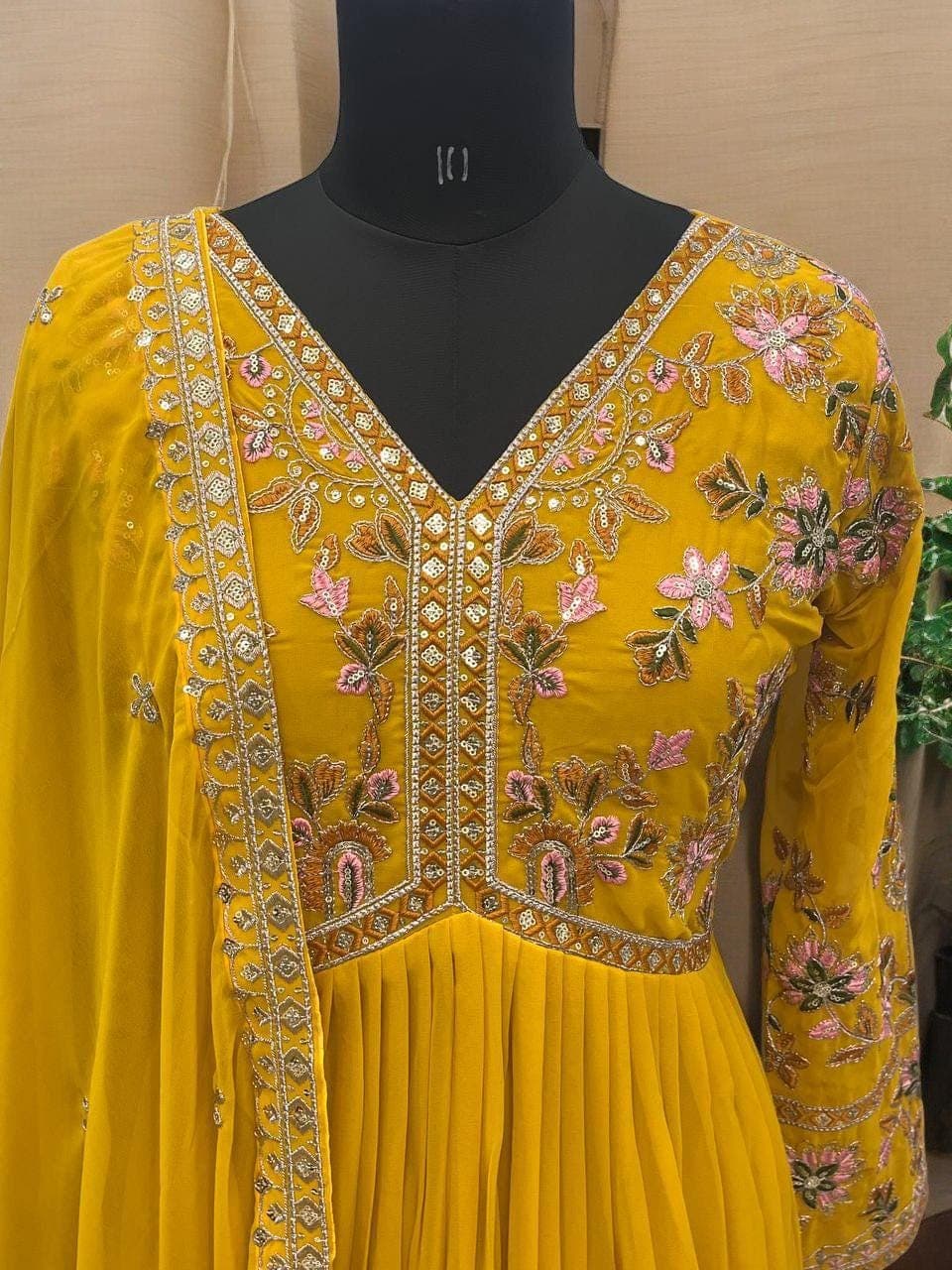 Yellow Georgette Anarkali Gown with Zari Sequins Embroidery, Wedding Ethnic Outfit - image 3