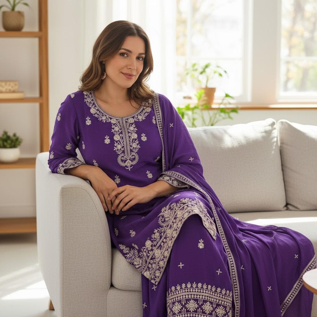 Chinon Silk Sharara Suit, Embroidered Sequin Work, Indian Pakistani Wedding Outfit Dupatta - image 3