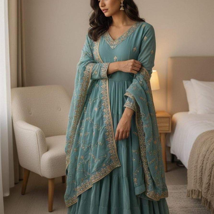 Sequin Embroidered Georgette Anarkali Gown, Indian Wedding Dress