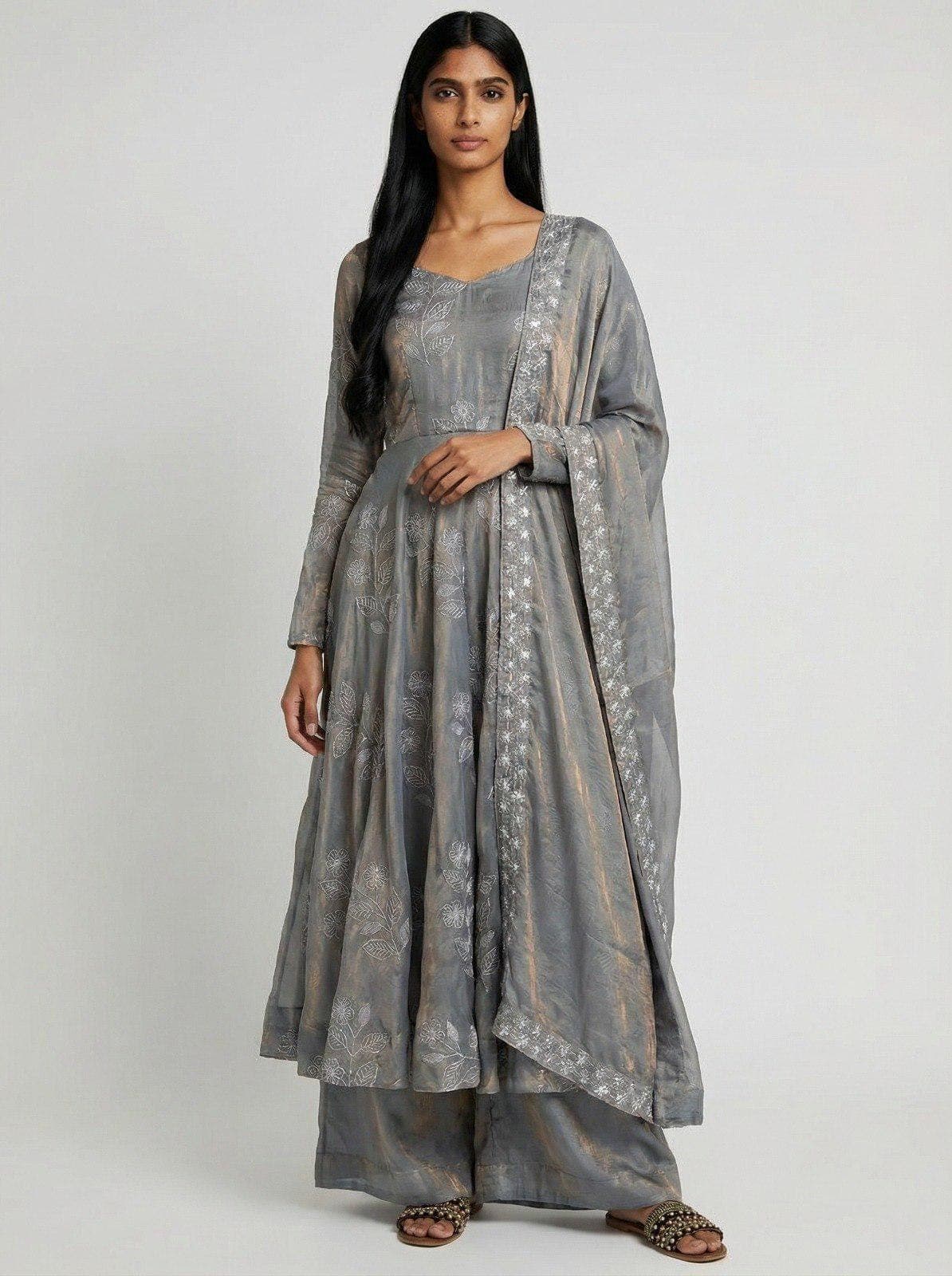 Designer Indian Fandy Silk Anarkali Palazzo Suit Stylish Anarkali Palazzo HandWork Ready to Wear Custom Grey Party Wedding Ethnic Outfit
