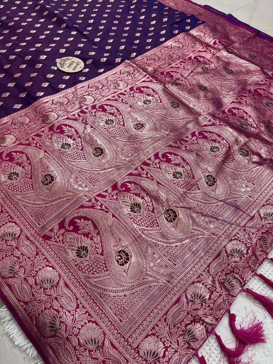 Golden Zari Banarasi Silk Saree | Meenakari Pallu & Tassels - image 4
