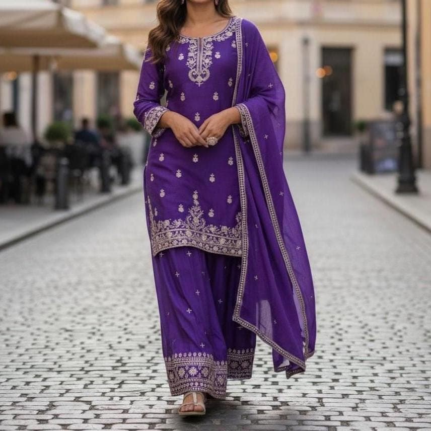 Chinon Silk Sharara Suit, Embroidered Sequin Work, Indian Pakistani Wedding Outfit Dupatta