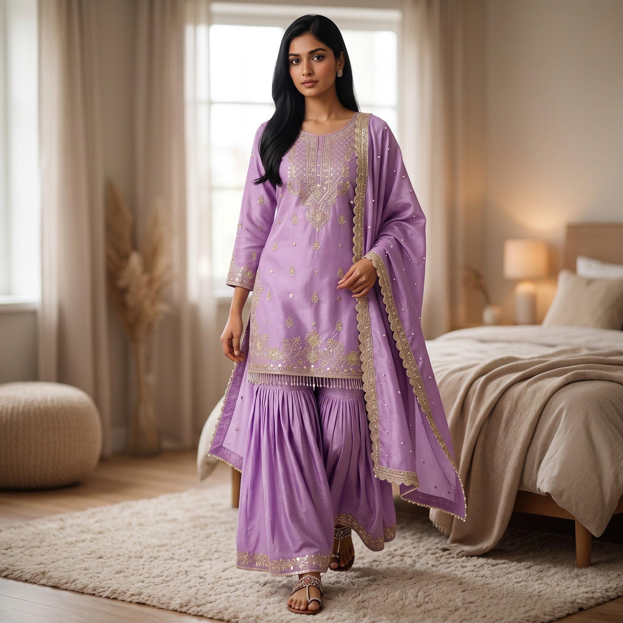 Purple Chinon Kurti Palazzo Set, Designer Moti Work Indian Ethnic Wear