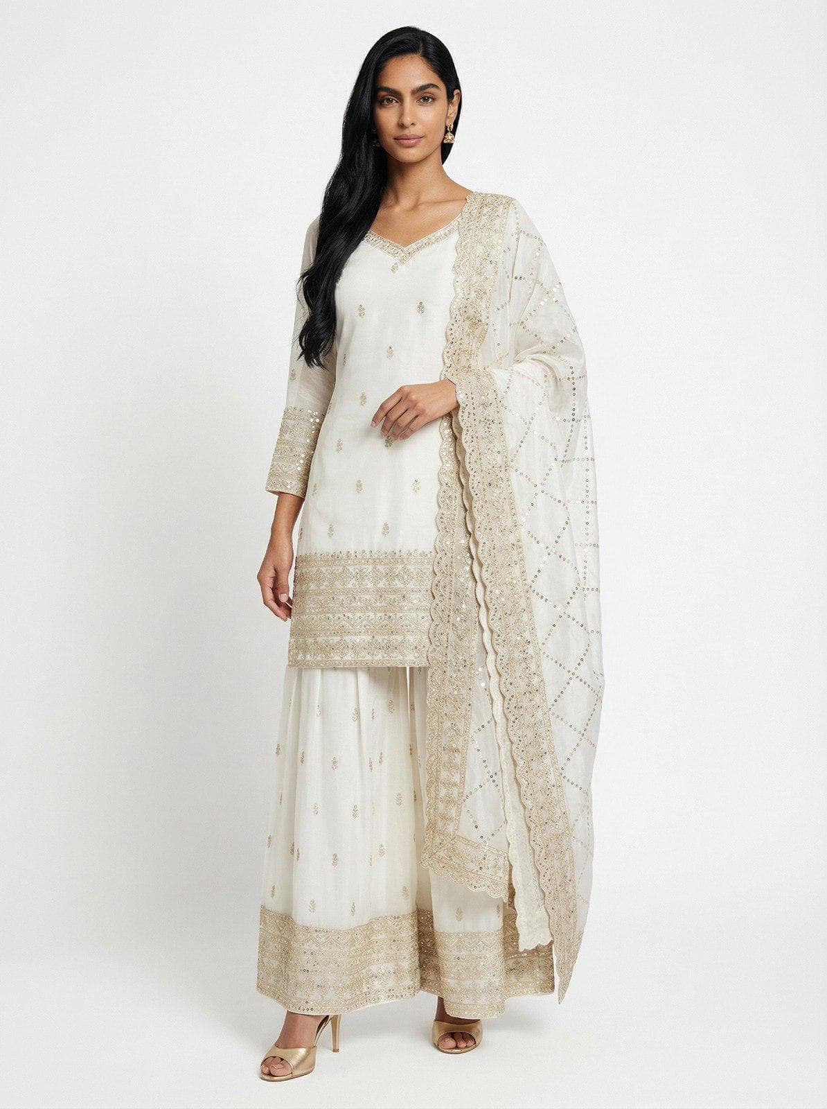 White Silk Palazzo Set: Sequins Embroidered Indian Sharara Outfit