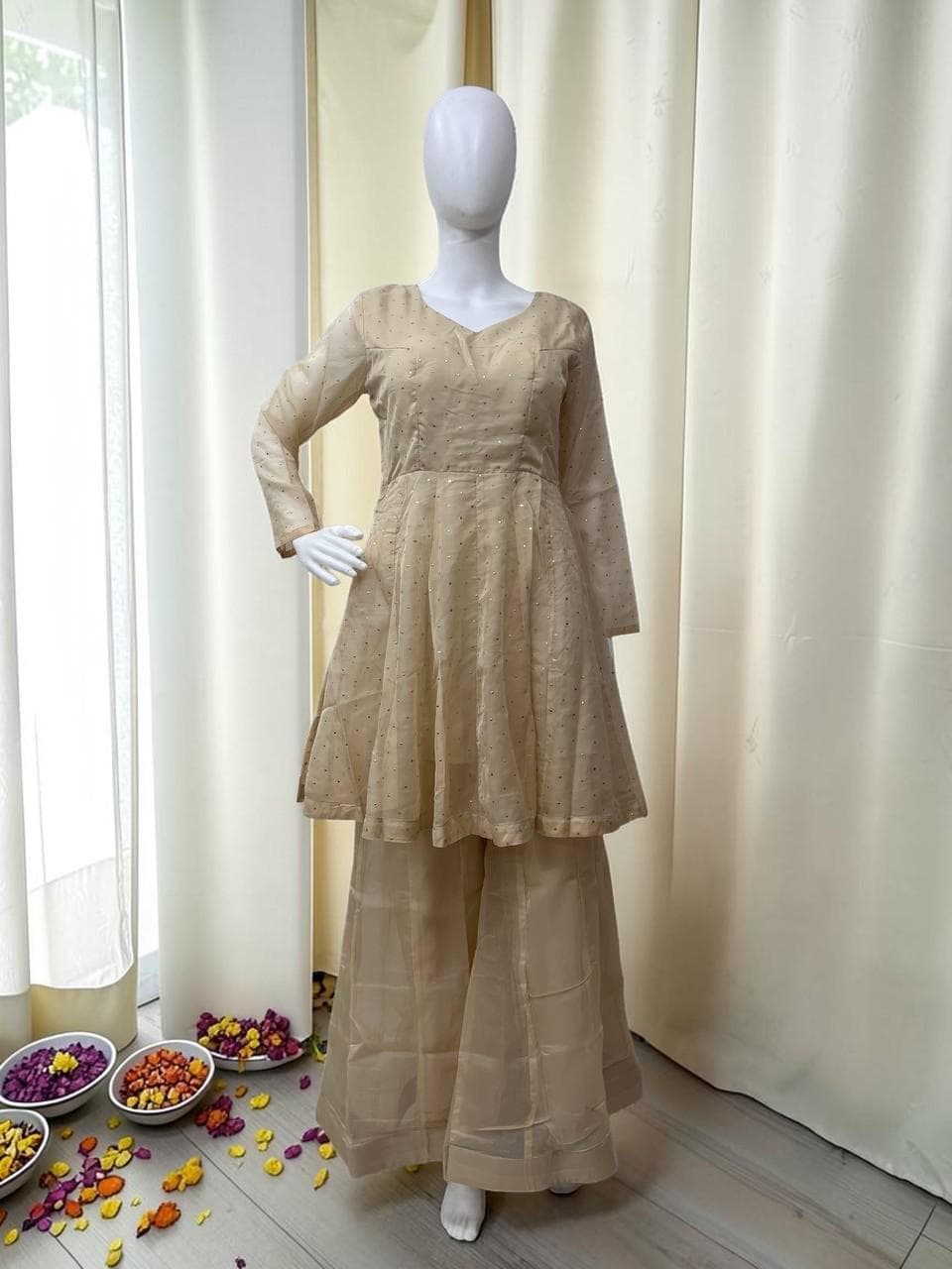 Indian Sharara Palazzo Suit, Beige Organza Silk Foil Work, Bridal Wedding Wear, Ethnic Sharara Set, Abaya Style Kurta Palazzo Wedding Dress - image 4