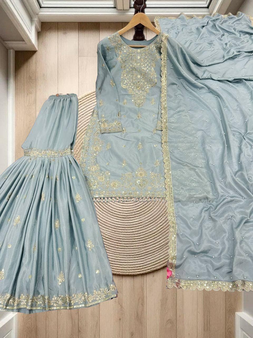 Designer Chinon Kurta Sharara Set, Green Moti Embroidery Sequins Work Plazzo - image 4