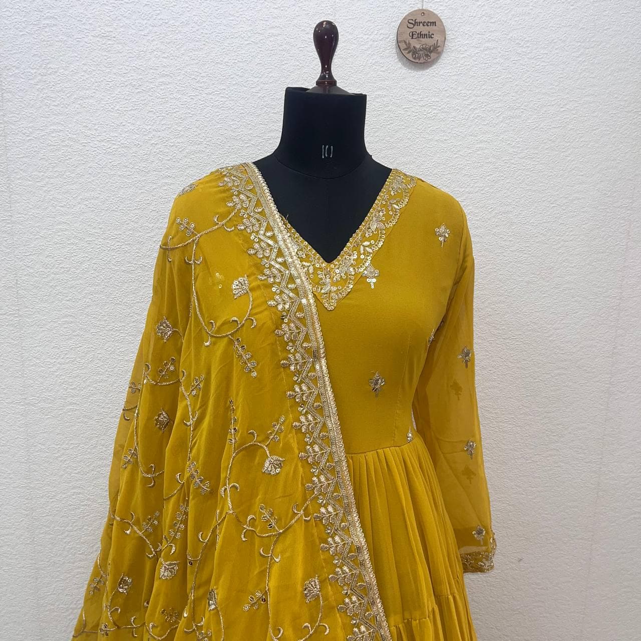 Yellow Georgette Anarkali Gown with Sequins Dupatta - image 5