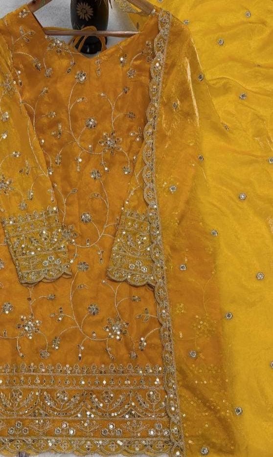 Yellow Silk Kurta Palazzo Set Embroidery Sequins Wedding Party Wear Indian Pakistani Dress - image 4