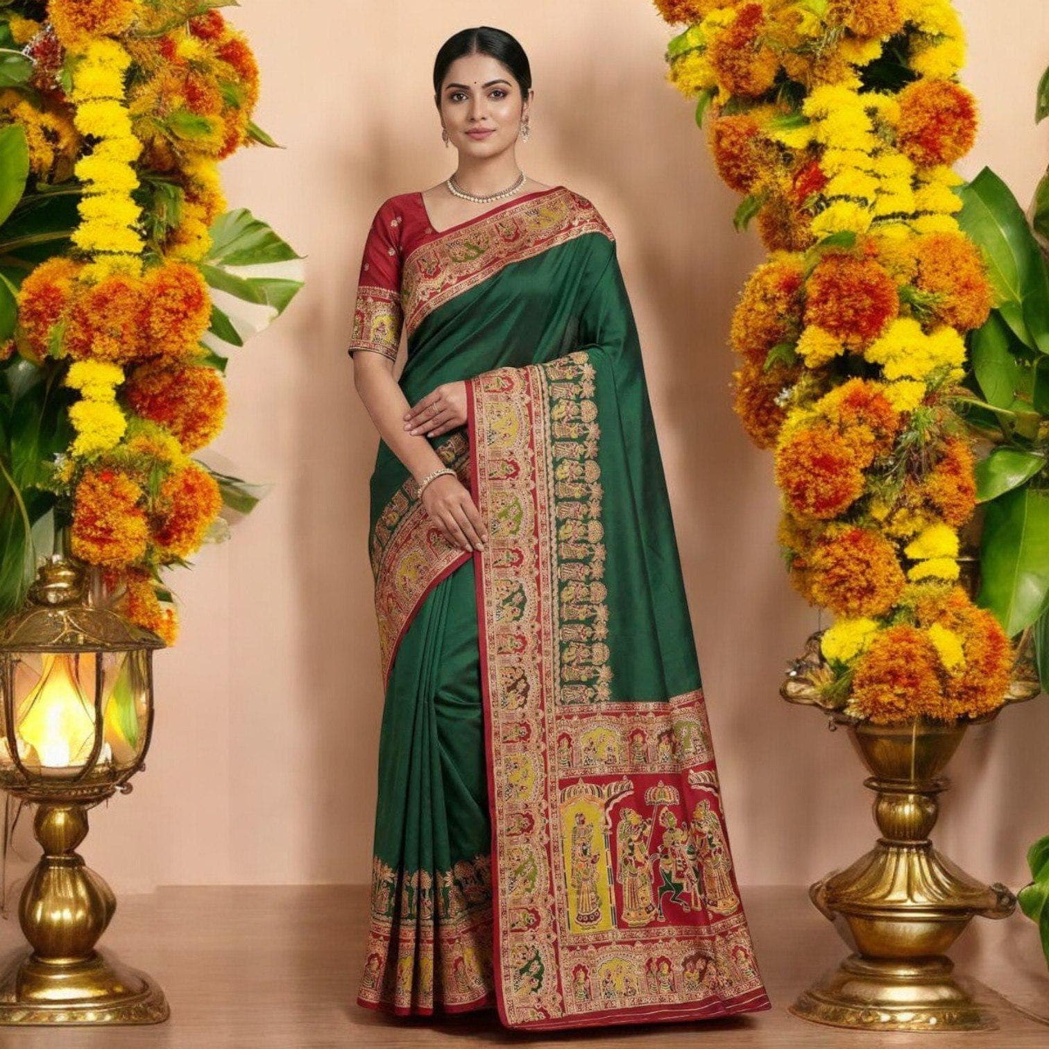 Pashmina Silk Saree | Multicolor Paisley Border, Kashmiri Threadwork - image 5