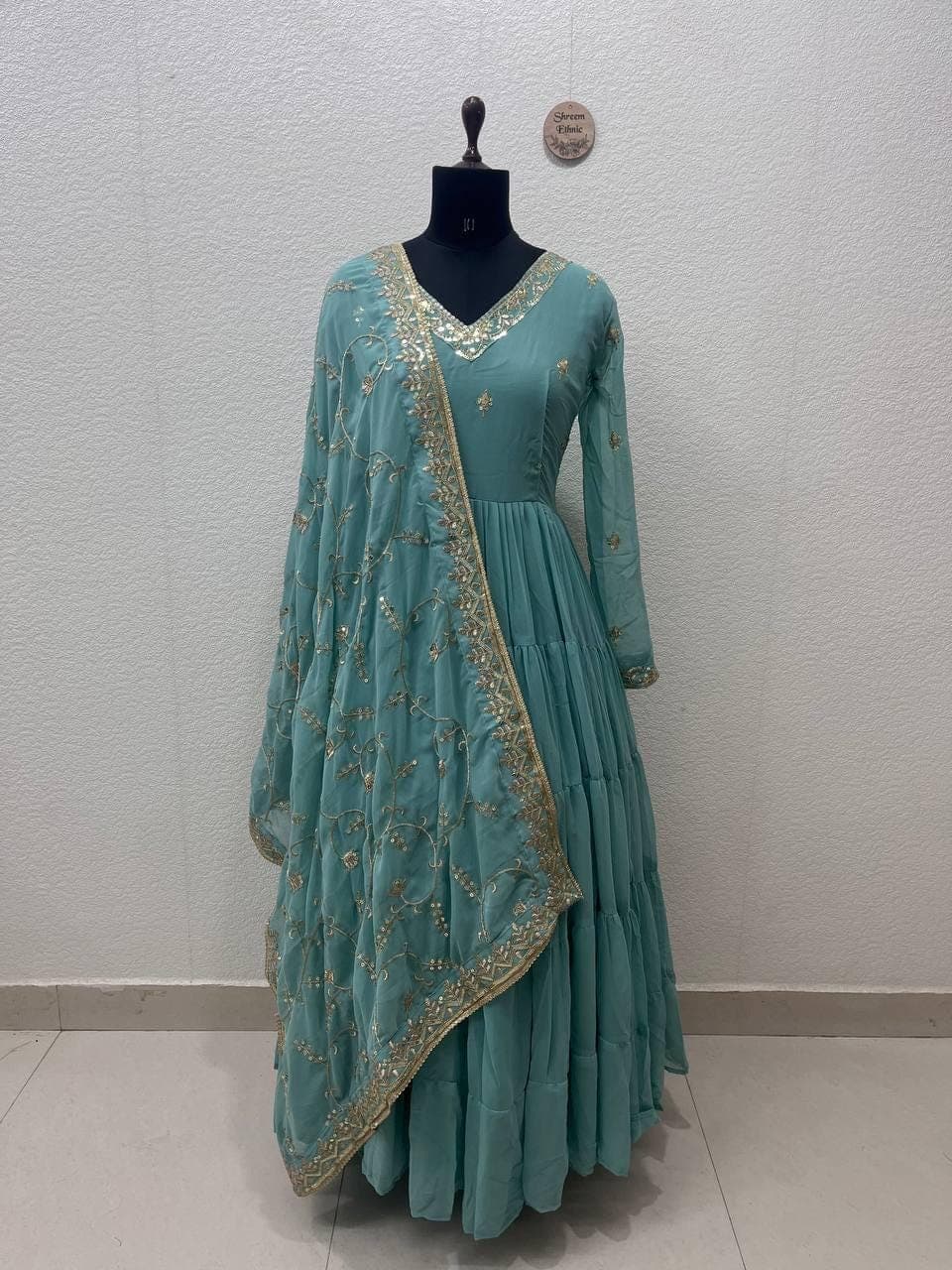 Sequin Embroidered Georgette Anarkali Gown, Indian Wedding Dress - image 4