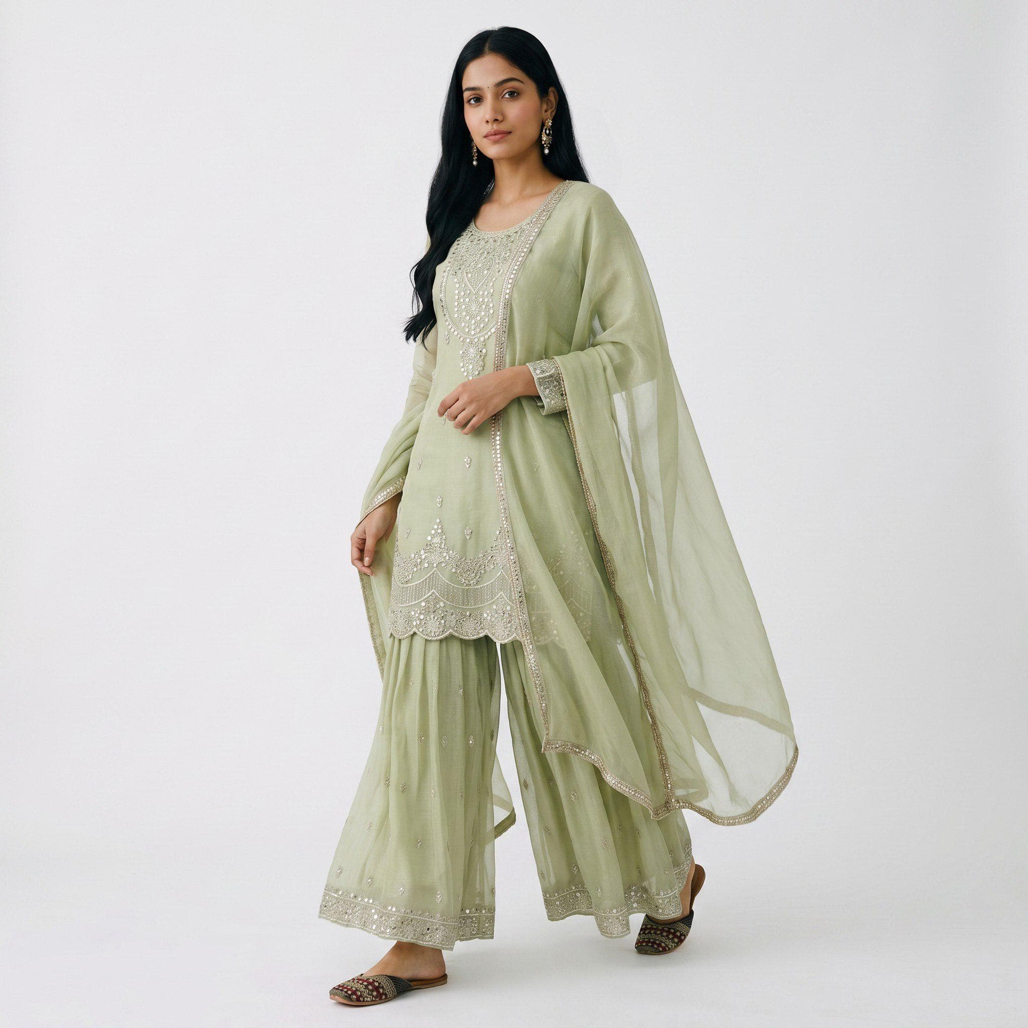 Green Silk Kurta Palazzo Sharara Set, Embroidered Ethnic Indian Wear