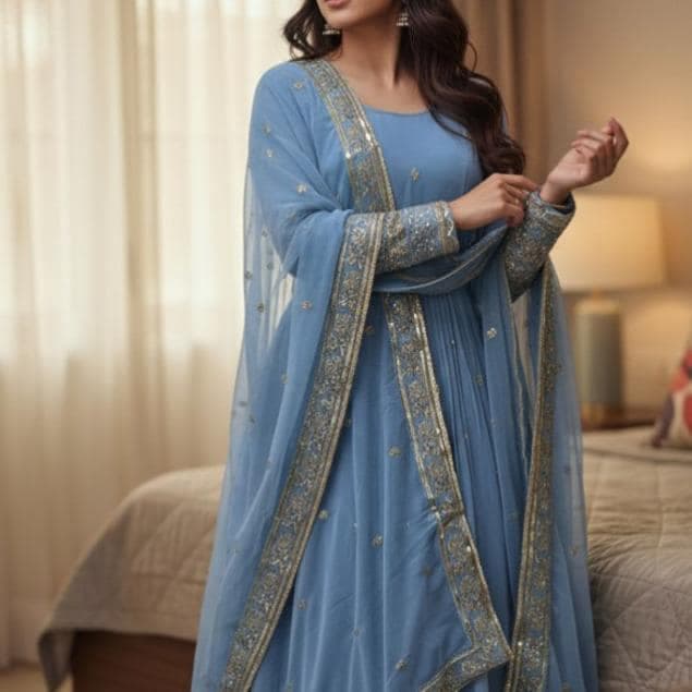 Dusty Blue Faux Georgette Anarkali Gown | Embroidered Bollywood Dress