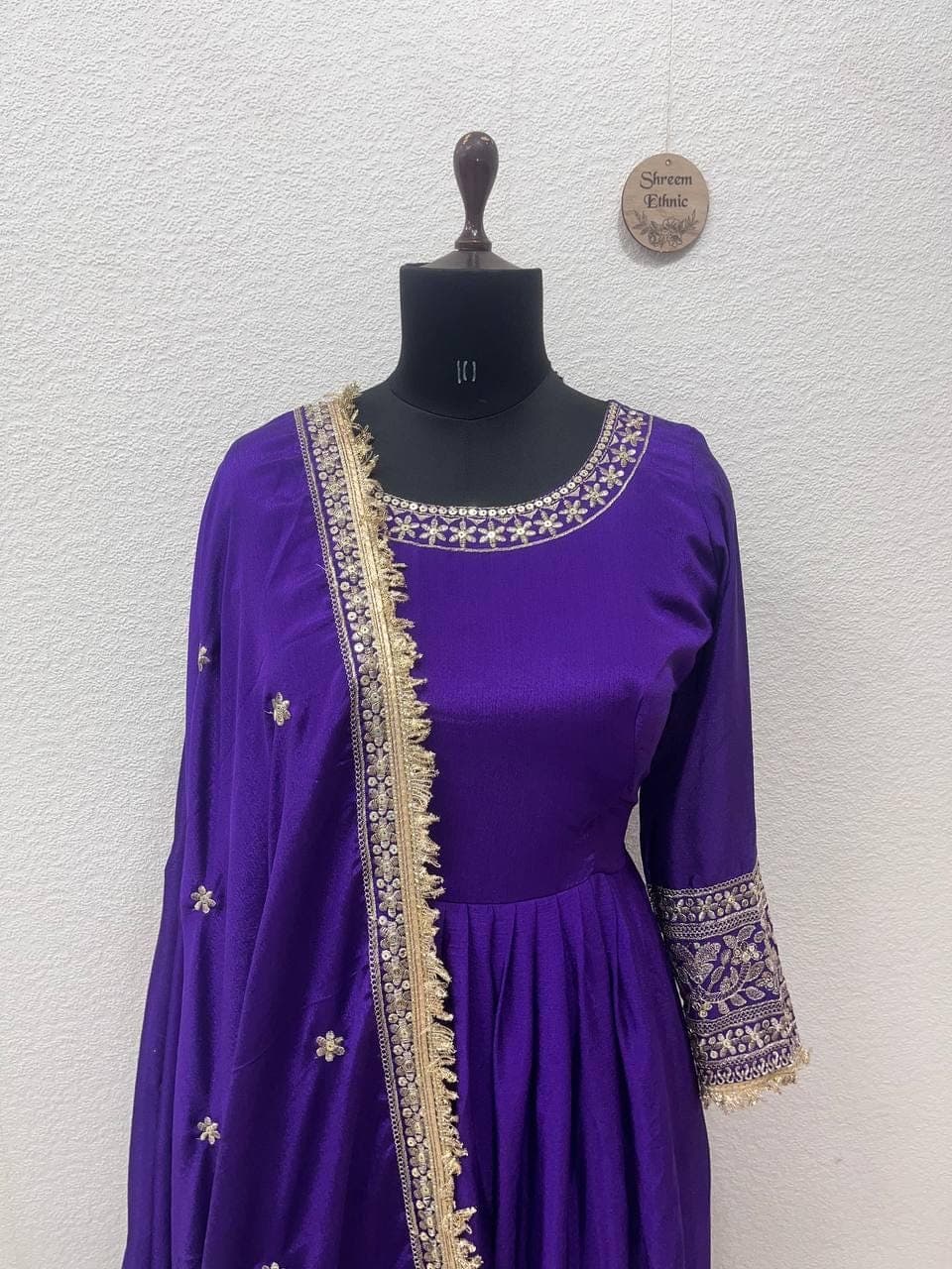 Pure Chinon Silk Anarkali Suit Set, Sequins Embroidery Dupatta, Indian Wedding Outfit - image 3