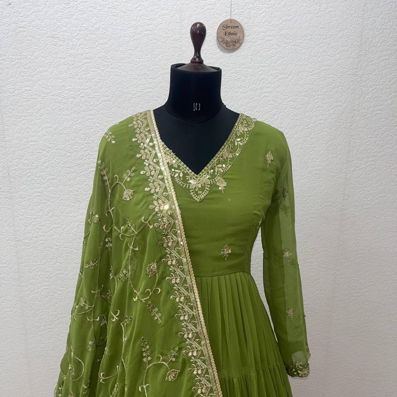 Green Embroidered Anarkali Gown with Dupatta, Indian Wedding Dress - image 3