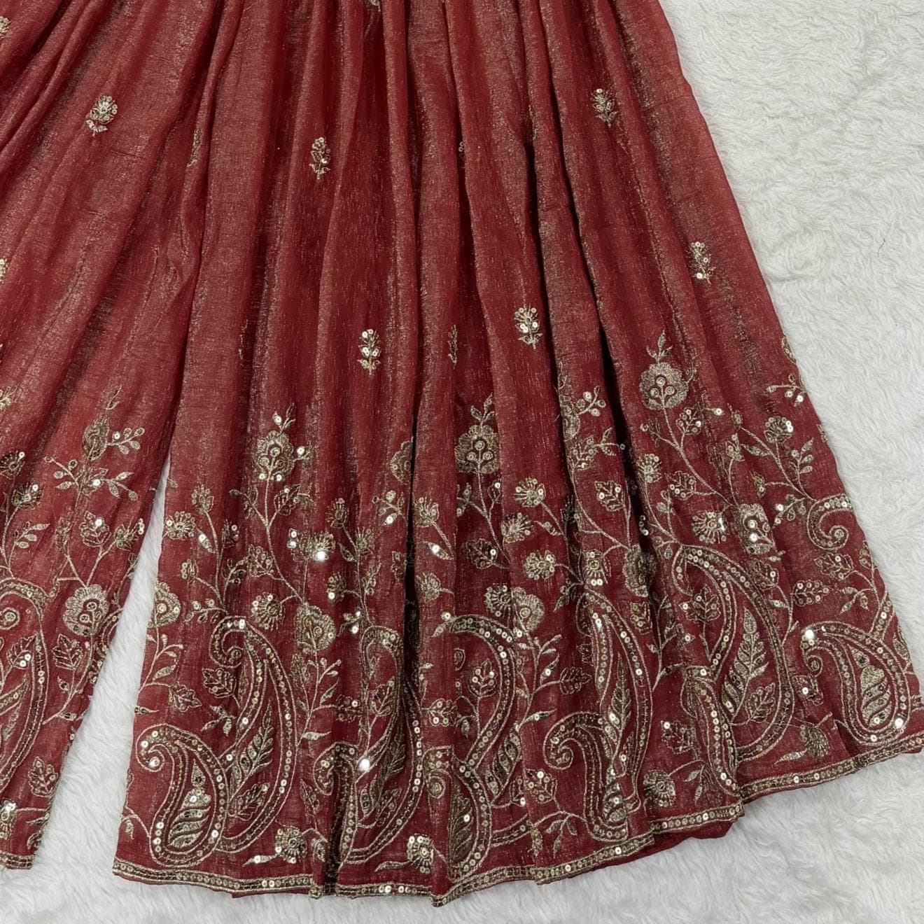 Red Silk Palazzo Set: Sequins Embroidered Indian Sharara Outfit - image 5
