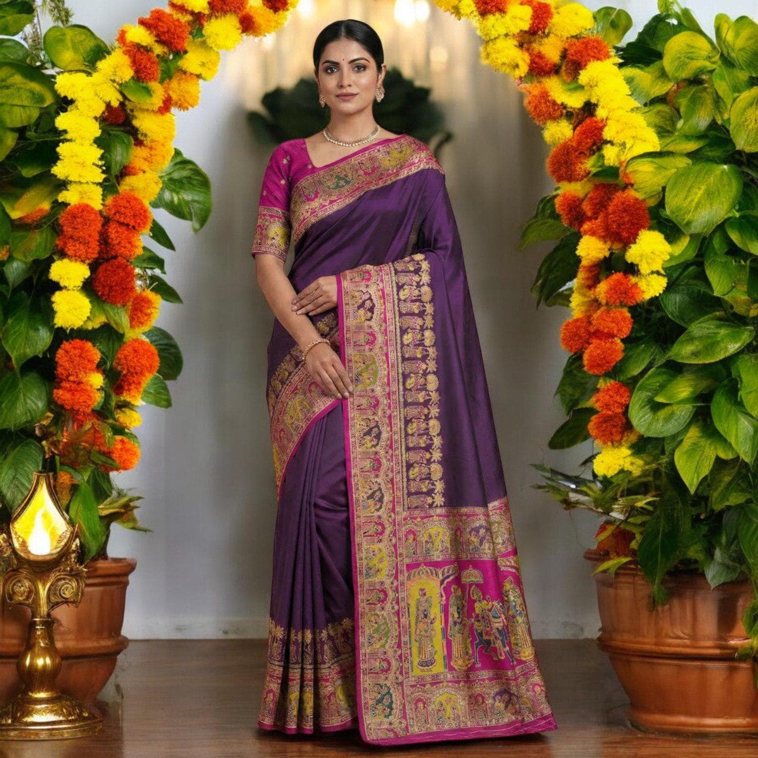Pashmina Silk Saree | Multicolor Paisley Border, Kashmiri Threadwork - image 4