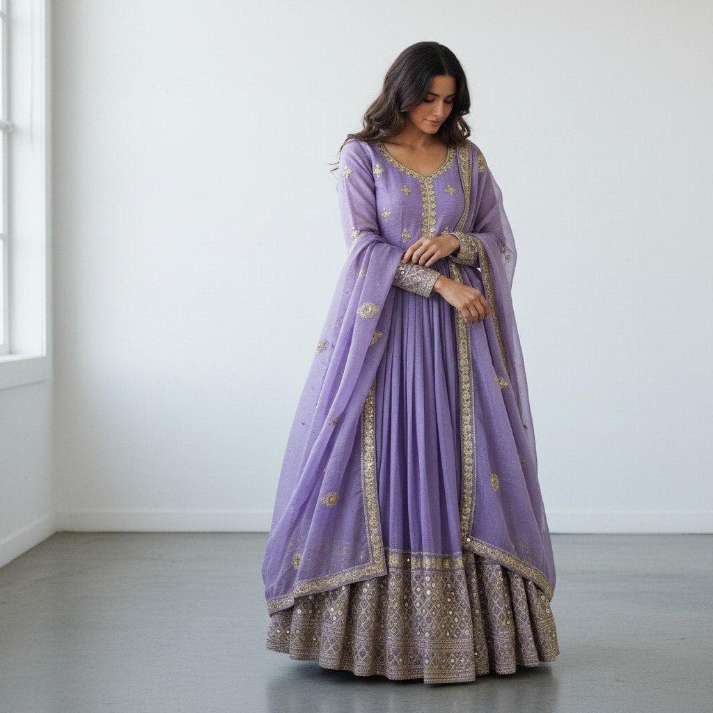 Embroidered Crunchy Silk Anarkali Gown, Indian Wedding Outfit