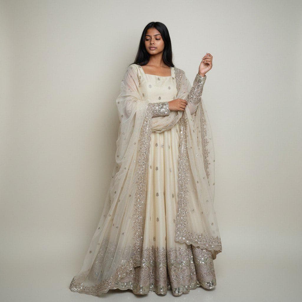 Stylish Ready to Wear Beige Anarkali Suit Heavy Fandy Silk Embroidery Sequins Indian Wedding Reception Party Wear Designer Ethnic Outfit