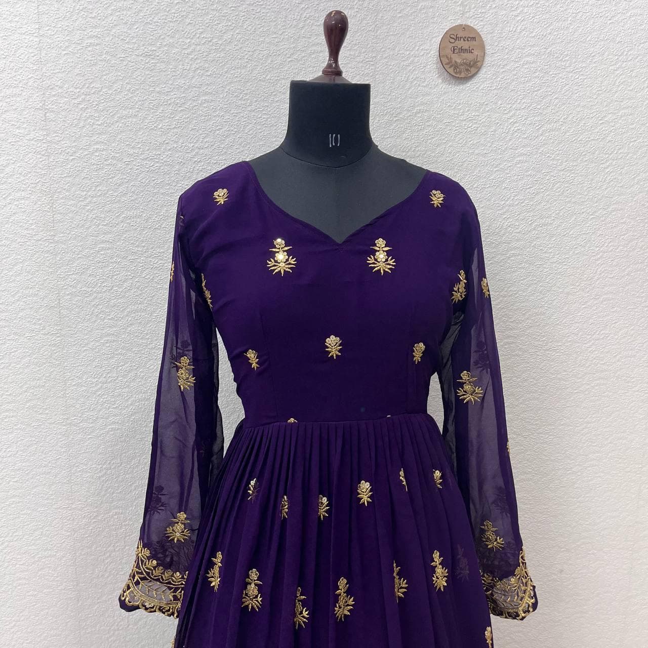 Designer Georgette Anarkali Gown, Wedding Party Embroidery Sequins Flared Dress - image 5