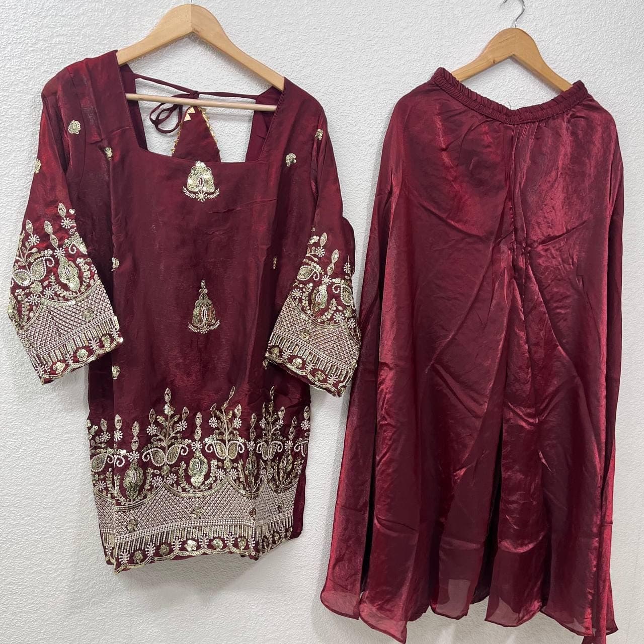 Designer Maroon Fandy Silk Suit for Women Heavy Embroidery Sequins Work Ready to Wear Party Wear Ethnic Sharara Palazzo Outfit