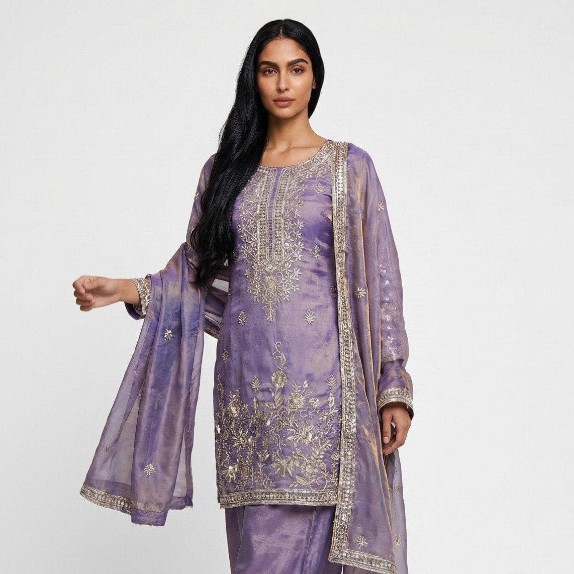 Purple Silk Palazzo Set: Sequins Embroidered Indian Sharara Outfit