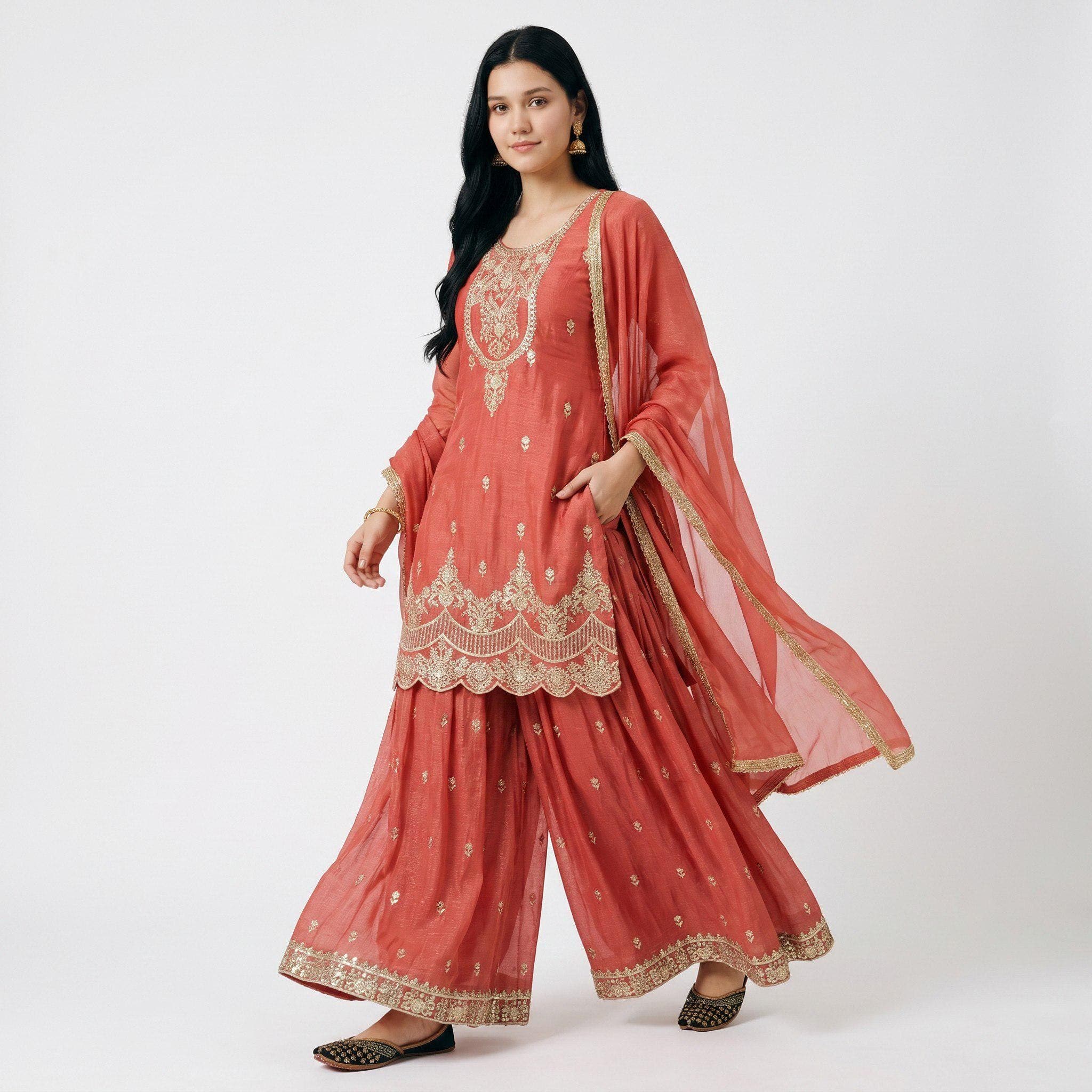 Embroidered Heavy Crunchy Silk Sharara Palazzo Suit Set – Wedding Party Wear