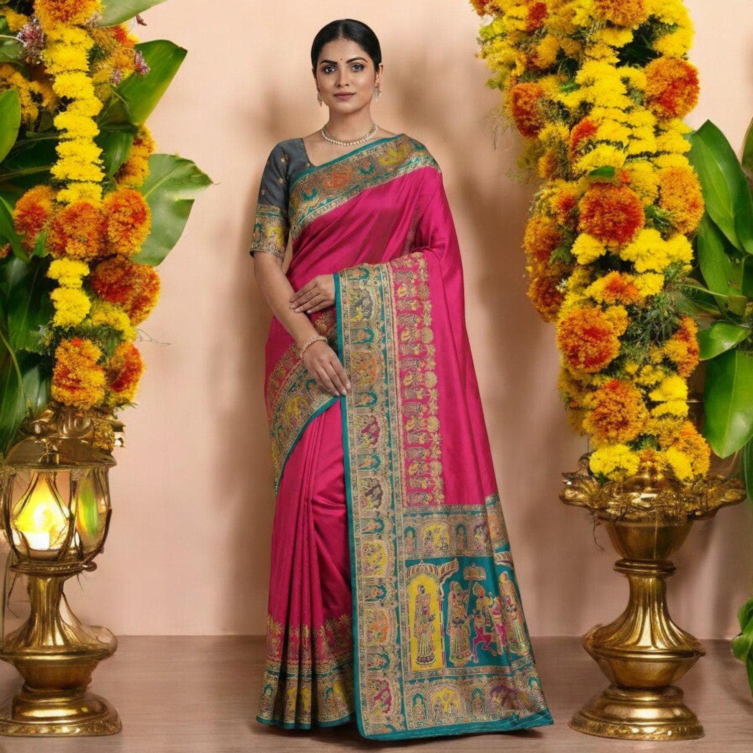 Pashmina Silk Saree | Multicolor Paisley Border, Kashmiri Threadwork