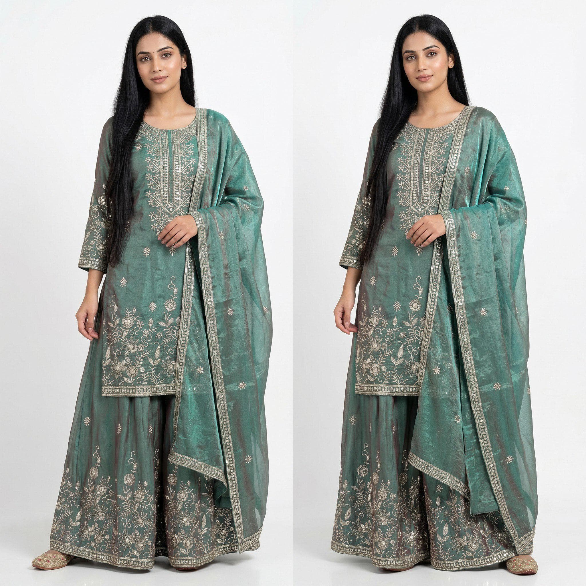 Indian Designer Jimmy Silky Palazzo Kurti Set ,Green Salwar kameez Palazzo suit, Ethnic Embroidery Wedding\Party Palazzo Dupatta Outfit - image 3