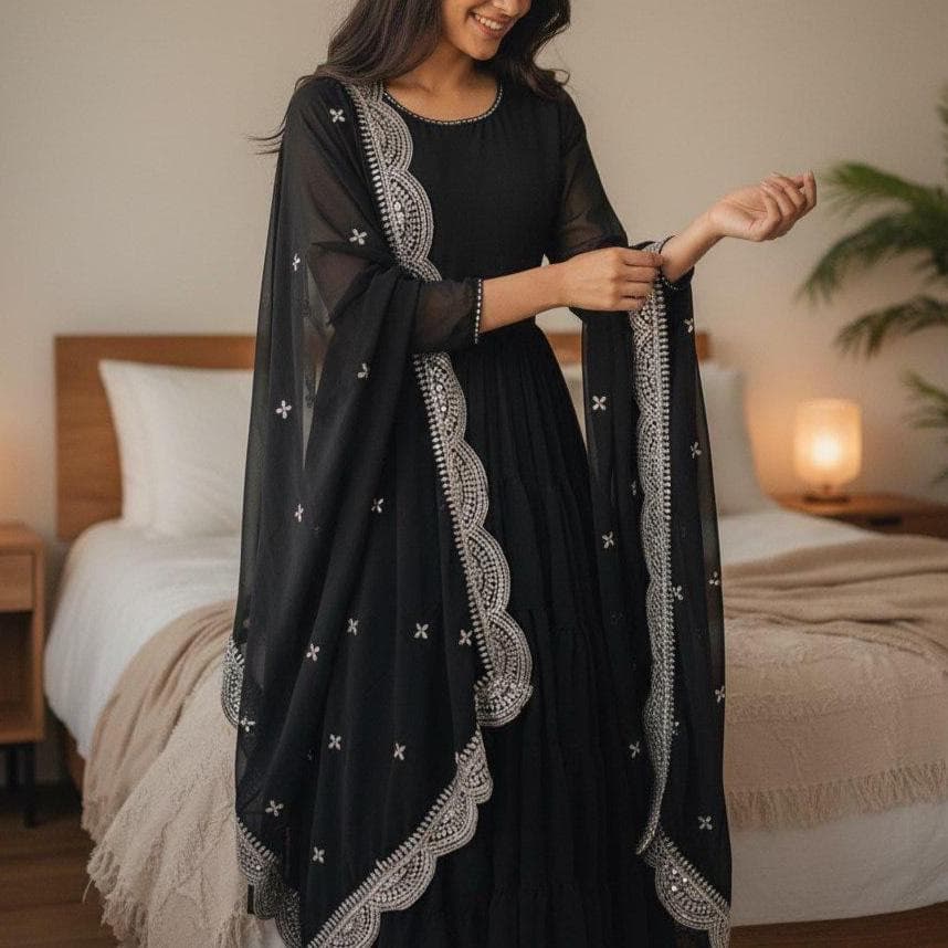 Embroidered Faux Georgette Anarkali Gown, Indian Wedding Dress