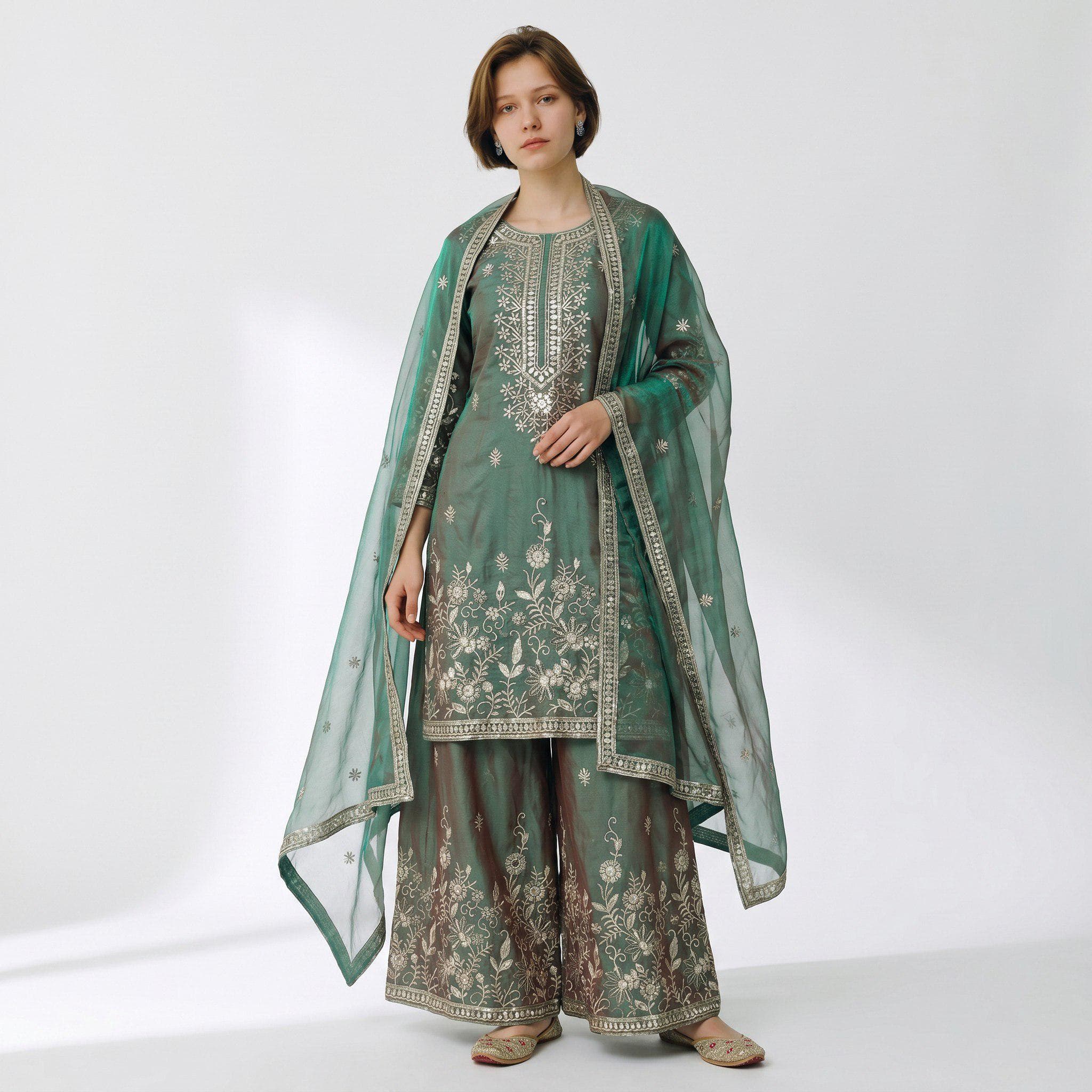 Indian Designer Jimmy Silky Palazzo Kurti Set ,Green Salwar kameez Palazzo suit, Ethnic Embroidery Wedding\Party Palazzo Dupatta Outfit