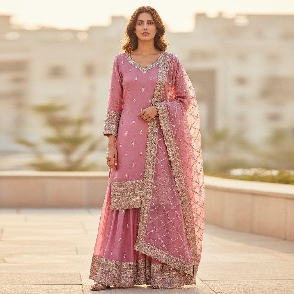 Pink Silk Palazzo Set: Sequins Embroidered Indian Sharara Outfit