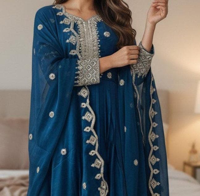 Embroidered Anarkali Gown, Heavy Noha Silk, Wedding Ethnic Outfit For Women - image 3