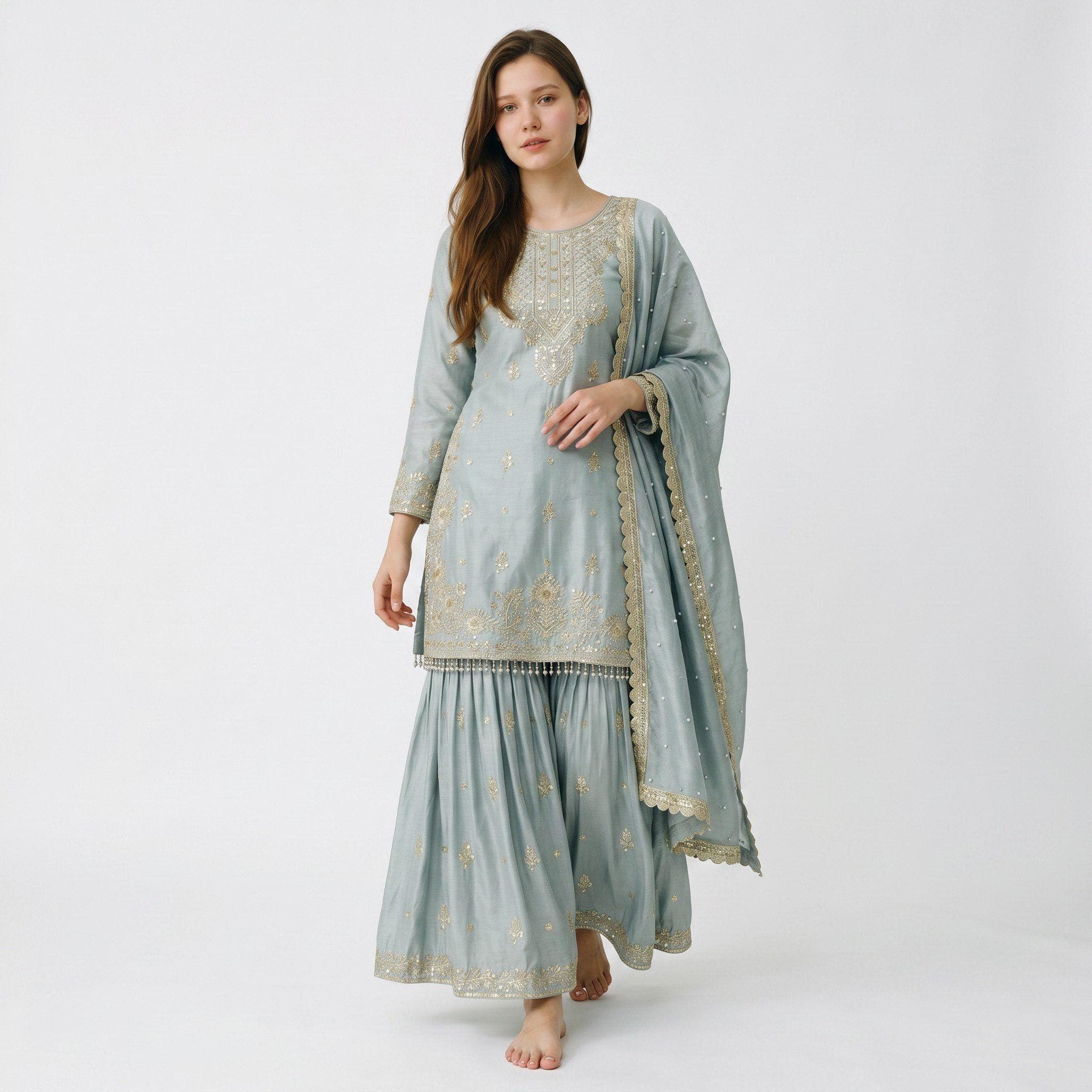 Designer Chinon Kurta Sharara Set, Green Moti Embroidery Sequins Work Plazzo