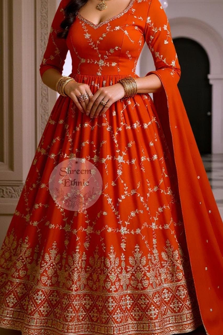 Orange Chinon Silk Anarkali Gown, Sequin Embroidered Indian Dress