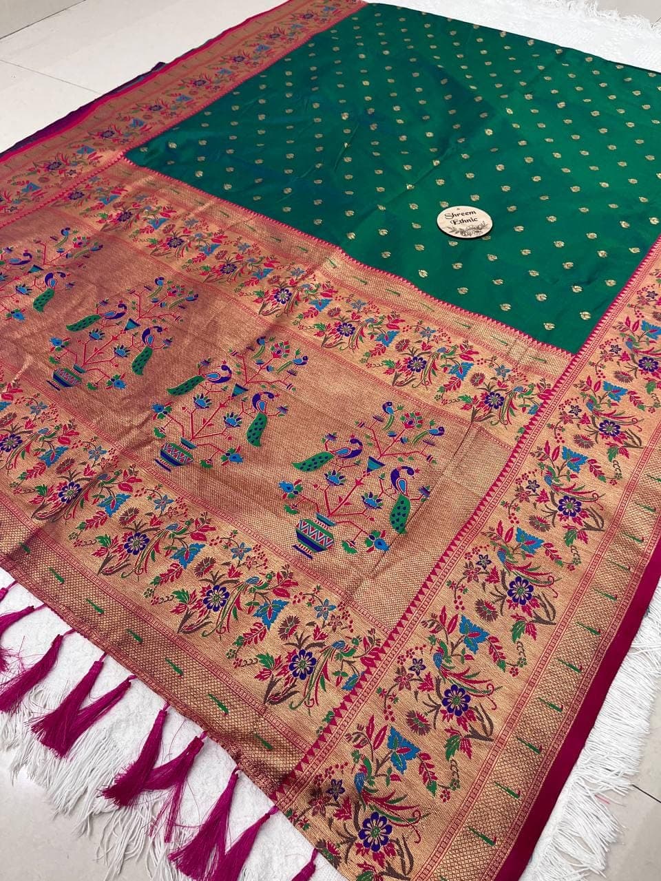 Soft Paithani Silk Saree Lightweight Bridal Zari Peacock Pallu Saree - image 5