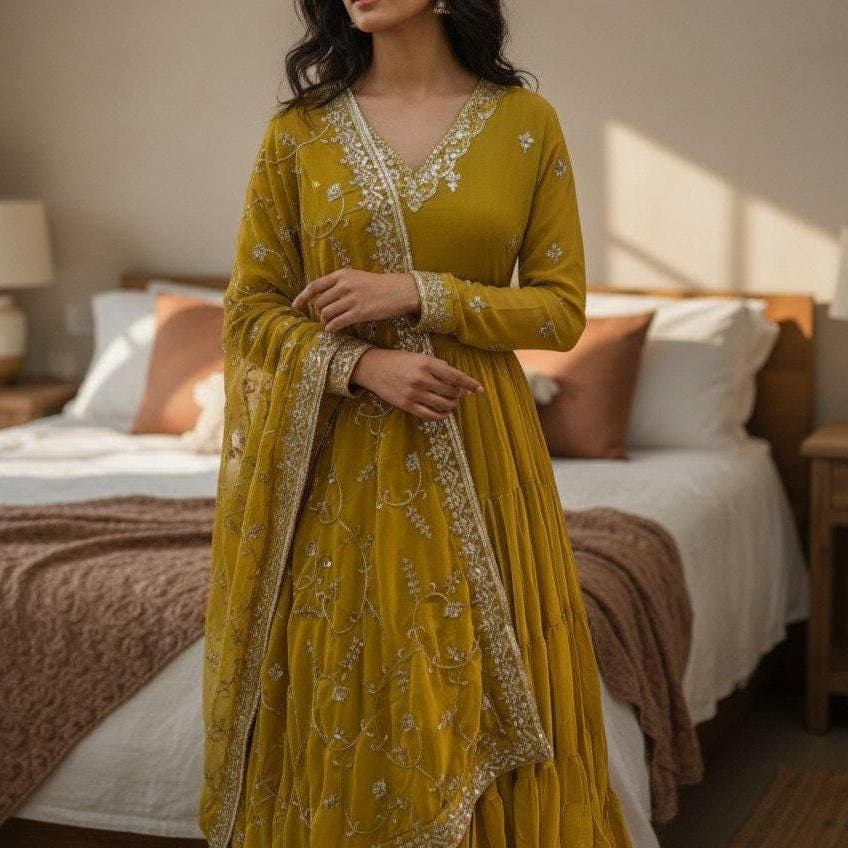 Yellow Georgette Anarkali Gown with Sequins Dupatta