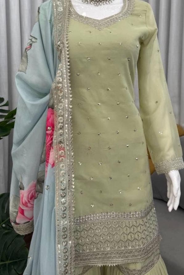 Embroidered Georgette Sharara Set, Sequin Wedding Palazzo, Stitched Salwar Kameez - image 3