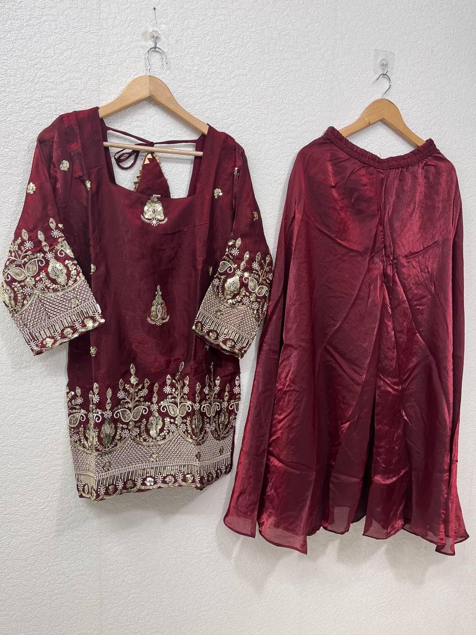 Designer Maroon Fandy Silk Suit for Women Heavy Embroidery Sequins Work Ready to Wear Party Wear Ethnic Sharara Palazzo Outfit - image 5