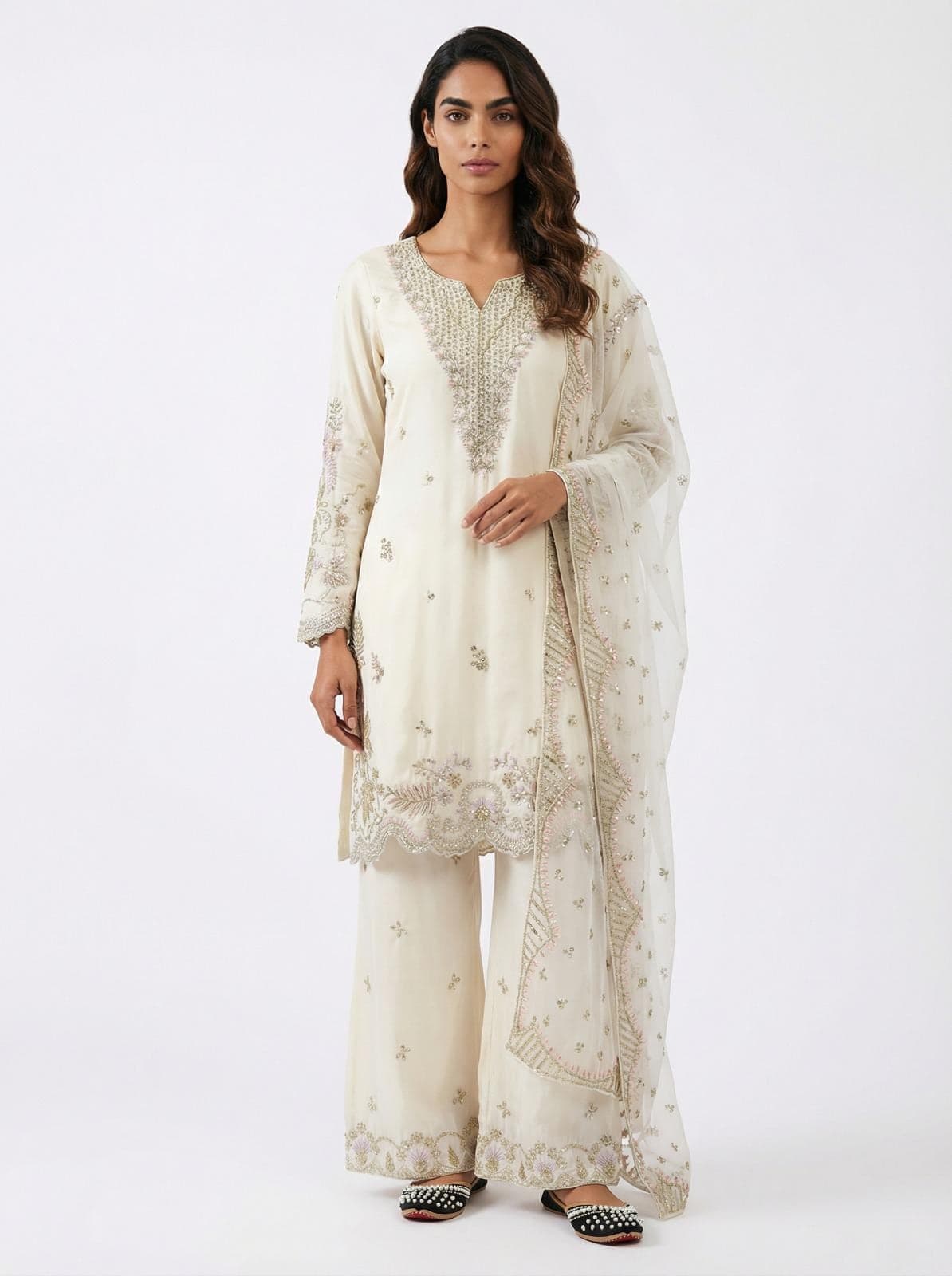 White Silk Palazzo Set: Sequins Embroidered Indian Sharara Outfit