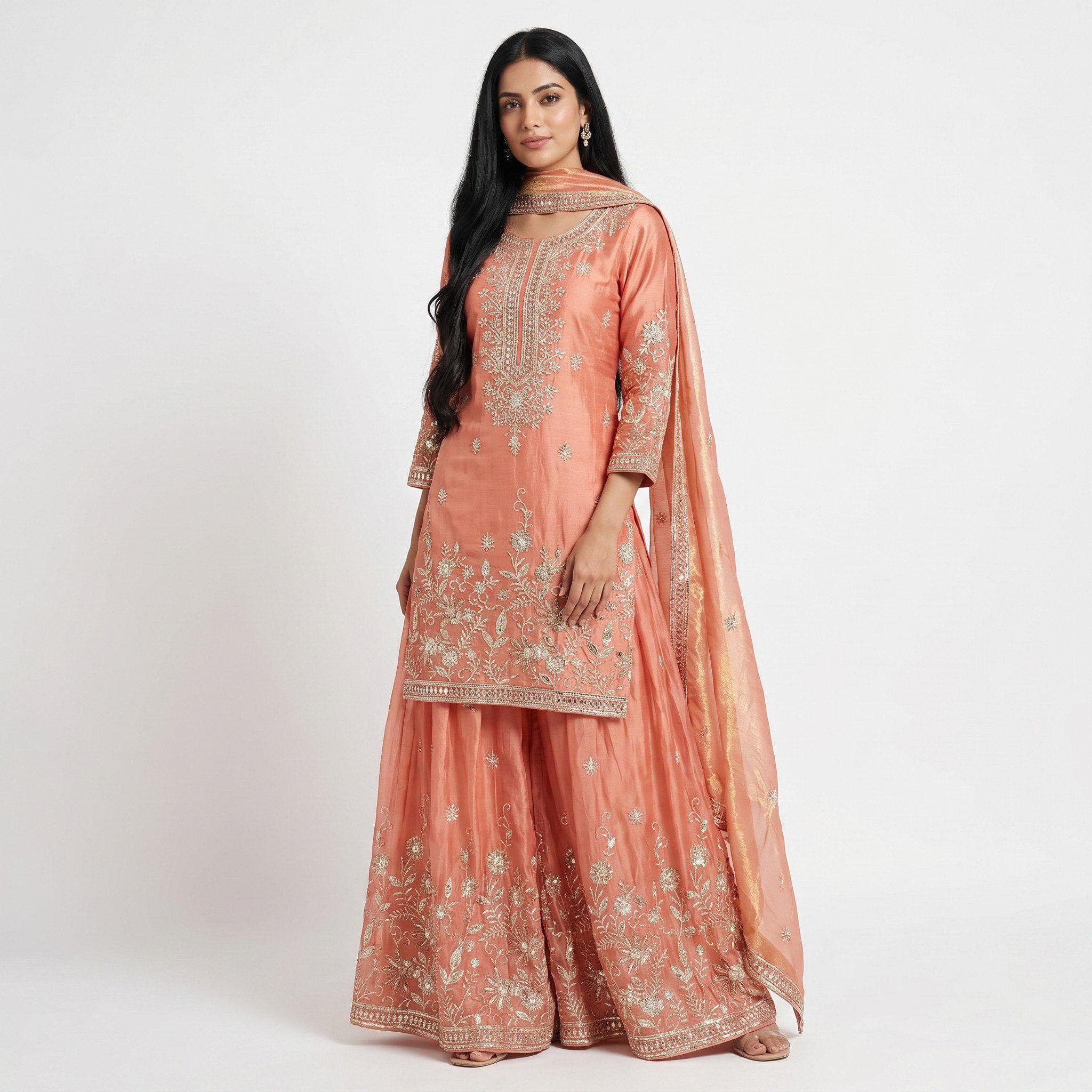Pink Silk Palazzo Set: Sequins Embroidered Indian Sharara Outfit