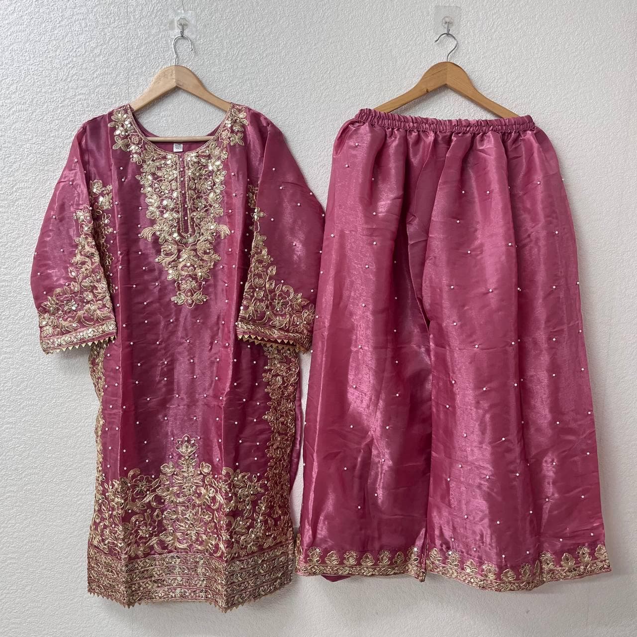 Pink Party Wear Suit Women Jimmy Silk Embroidery Sequins Moti Work Full Sleeves Palazzo Set Ready to Wear Ethnic Wedding Outfit