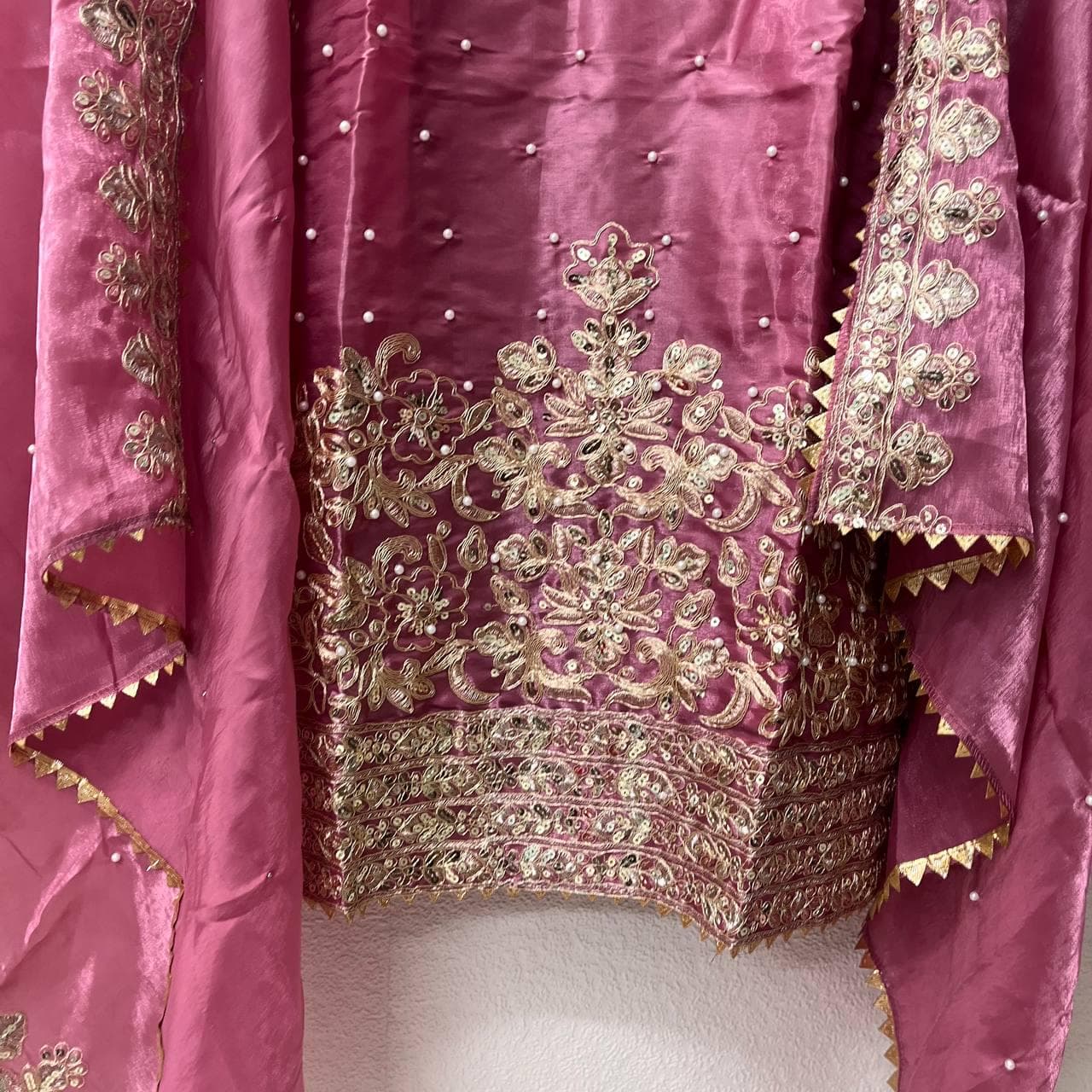 Pink Party Wear Suit Women Jimmy Silk Embroidery Sequins Moti Work Full Sleeves Palazzo Set Ready to Wear Ethnic Wedding Outfit - image 3