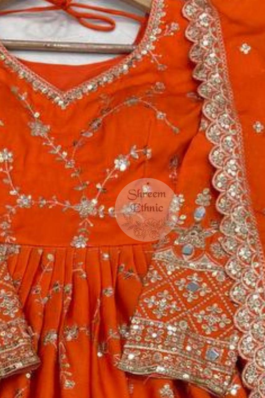 Orange Chinon Silk Anarkali Gown, Sequin Embroidered Indian Dress - image 4
