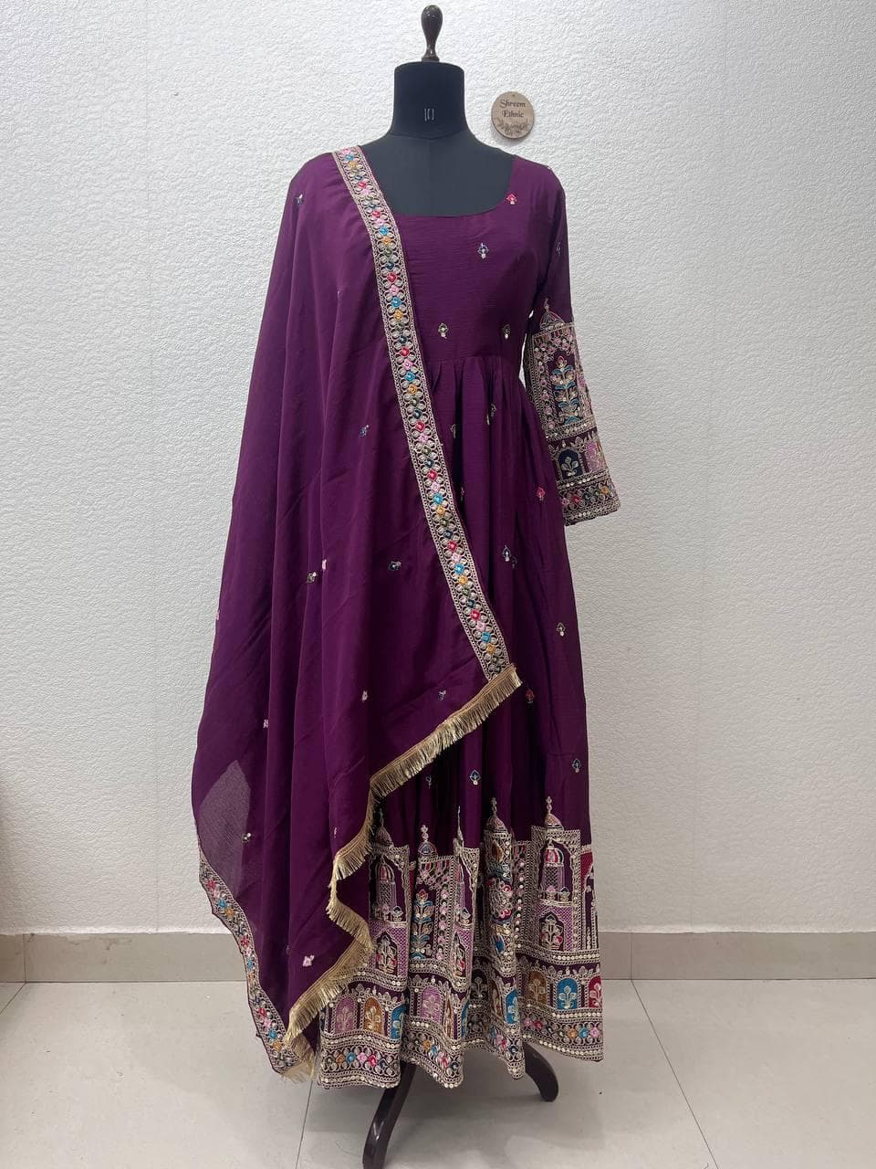 Anarkali Gown Women Chinon Silk Embroidery Indian Ethnic Wedding Designer Dress - image 4