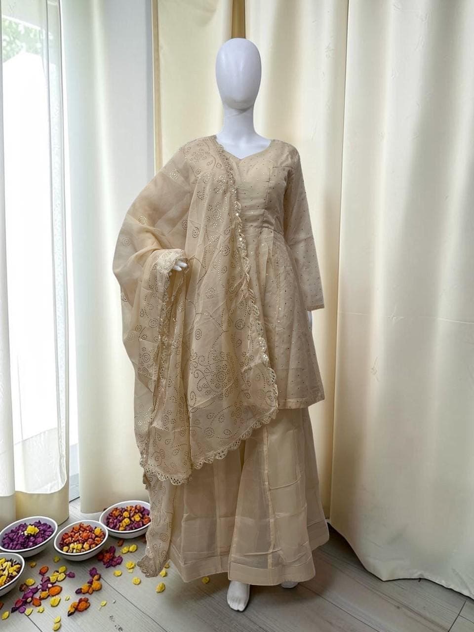 Indian Sharara Palazzo Suit, Beige Organza Silk Foil Work, Bridal Wedding Wear, Ethnic Sharara Set, Abaya Style Kurta Palazzo Wedding Dress - image 3