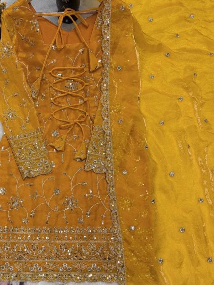 Yellow Silk Kurta Palazzo Set Embroidery Sequins Wedding Party Wear Indian Pakistani Dress - image 3