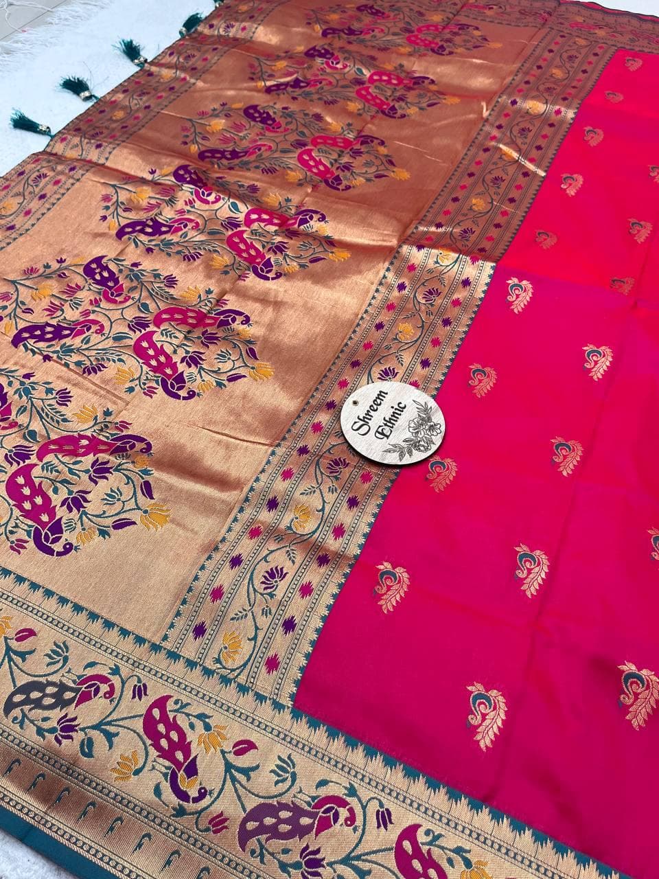 Designer Paithani Silk Saree | Peacock Zari Border, Handwoven - image 4