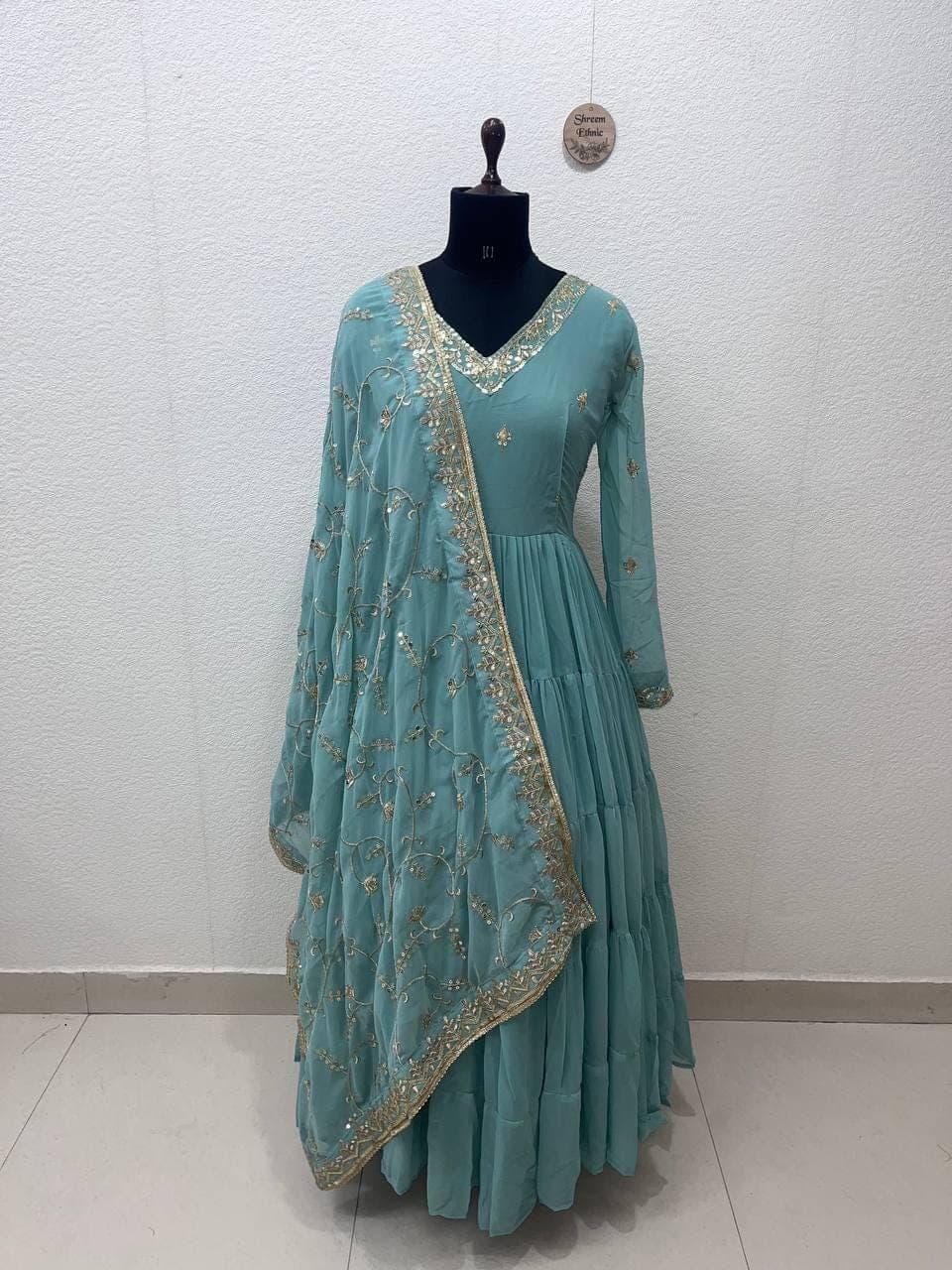 Sequin Embroidered Georgette Anarkali Gown, Indian Wedding Dress - image 5