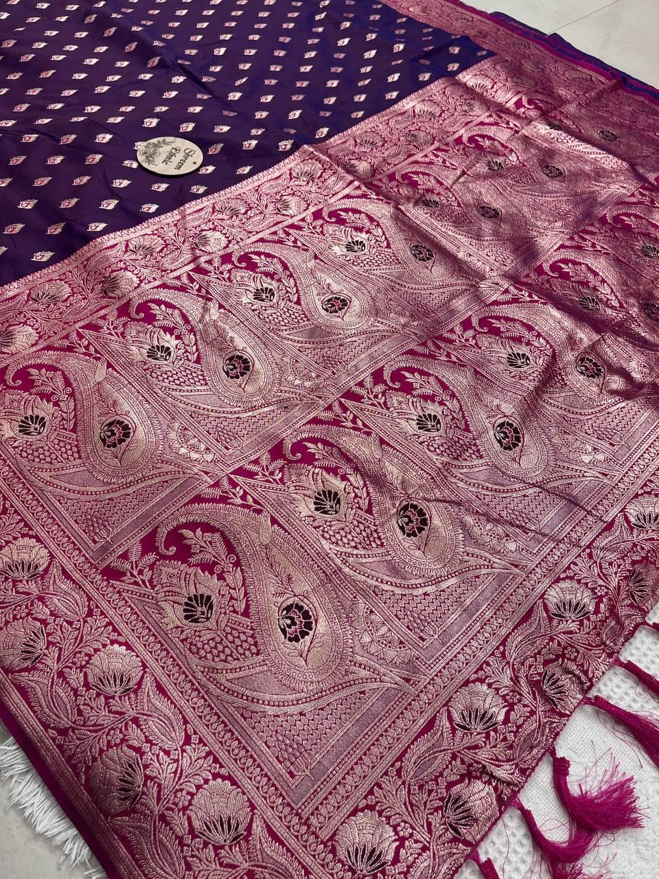 Meenakari Zari Woven Soft Silk Saree with Tassels & Rich Pallu, South Indian Banarasi Bridal Wedding Saree, Fancy Designer Party Wear Sari - image 5